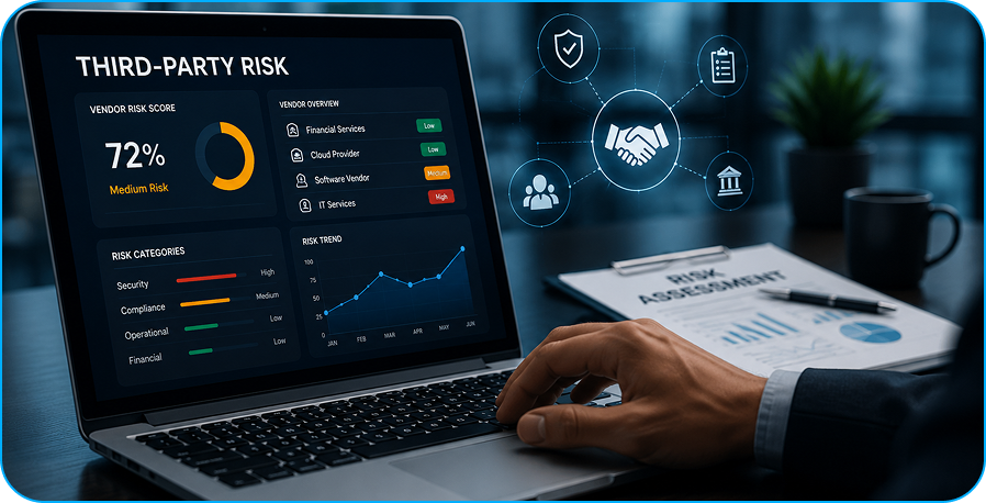 TechOwl Shield dashboard showing vendor risk scores, threat landscape and monitoring status